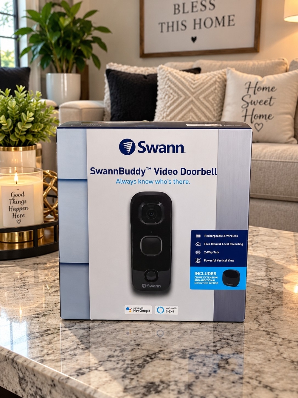 SwannBuddy Video Doorbell in Black and White Box